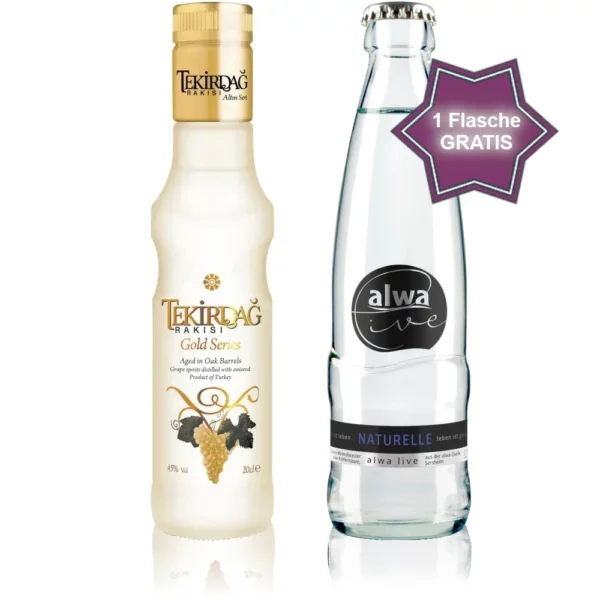 Tekirdag Raki gold 0,2l mit einer Flasche Alwa live naturelle 0,25l