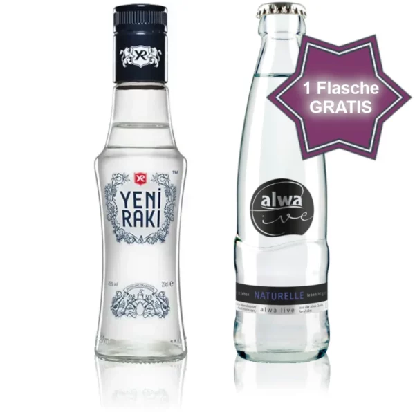 Yeni Raki 0,2l mit einer Flasche Alwa live naturelle 0,25l