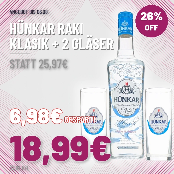 Hünkar Raki Klasik mit 2 Gläsern