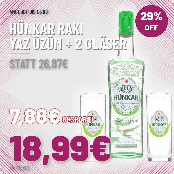 Hünkar Raki Yaz Üzüm mit 2 Gläsern