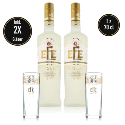 Efe Gold Raki 2er Set: zwei Flaschen 0,7 l mit zwei Efe-Gold-Gläsern
