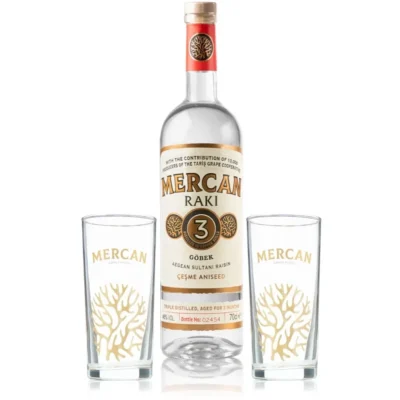 Mercan Raki 0,7l mit 2 Gläsern, Flasche von vorn mit dem Etikett