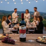 Sevilen Majestik rot 0,75 l, Flasche in einer gestellten Szene mit gefülltem Glas, zweite Aufnahme