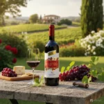 Sevilen Majestik rot 0,75 l, Flasche in einer gestellten Szene mit gefülltem Glas, dritte Aufnahme