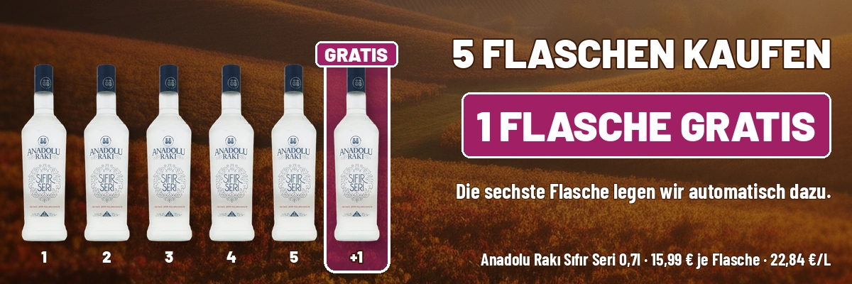 Türkischer Wein und Raki online kaufen Anadolu Raki: 5 Flaschen kaufen, 1 Flasche gratis