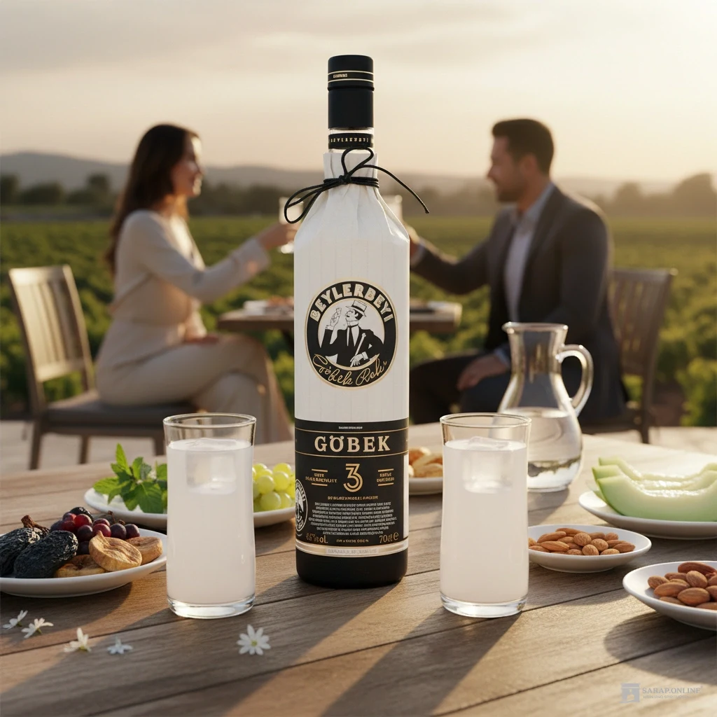Beylerbeyi Göbek auf einem Holztisch im Freien, davor zwei Gläser mit milchig weißem Raki, eine Wasserkaraffe, Trauben, Melone, Mandeln und Trockenobst