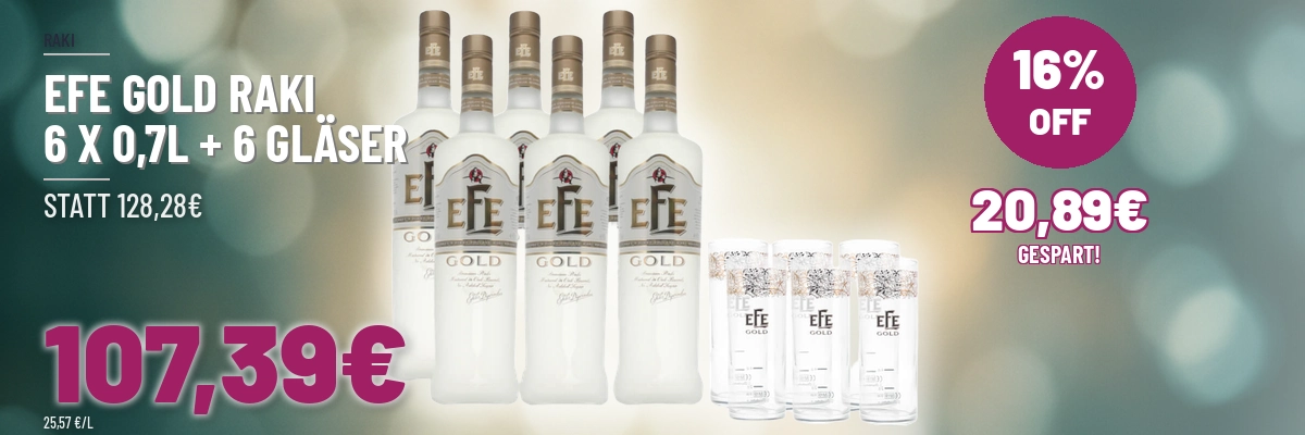 Sparpaket 6 x Efe Gold Raki 0,7l mit 6 Efe Gold Gläsern