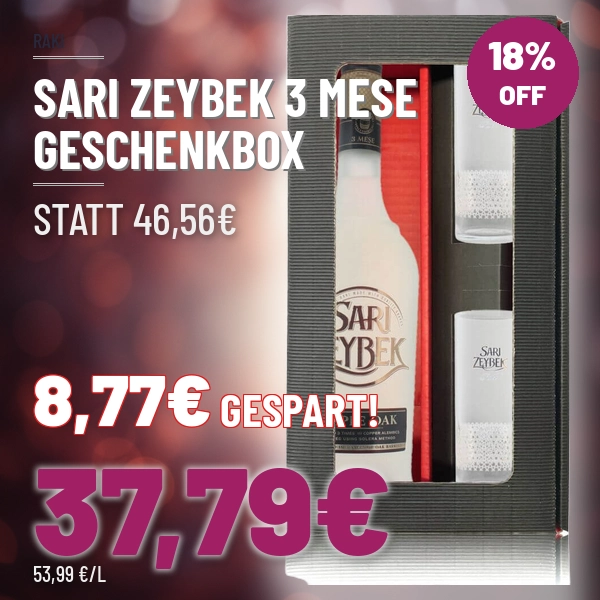 Türkischer Wein und Raki online kaufen Geschenkbox Efe Sari Zeybek 3 Mese mit 2 Gläsern
