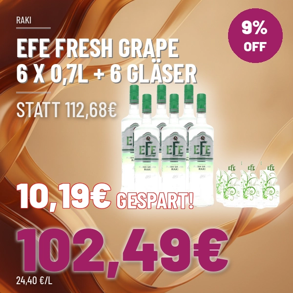 Sparpaket 6 x Efe Fresh Grape Raki 0,7l mit 6 Efe Fresh Grape Gläsern