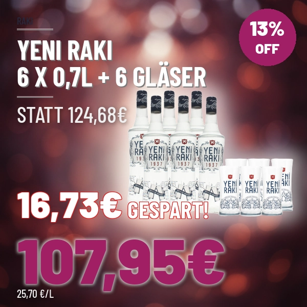 Türkischer Wein und Raki online kaufen Sparpaket 6 x Yeni Raki 0,7l mit 6 Yeni Raki Gläsern