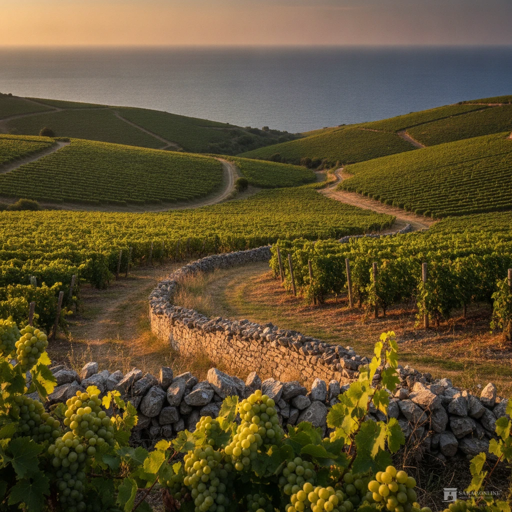 Weinberge mit reifen grünen Trauben und einer Trockenmauer auf Hügeln, die zum Meer hin abfallen, im Abendlicht